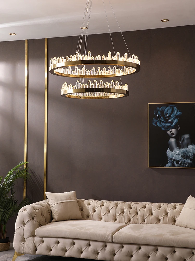 

American Dimmalbe LED K9 Crystal 2 Layer High Ceiling Chandelier Lighting Lustre Suspension Luminaire Lampen For Living Room