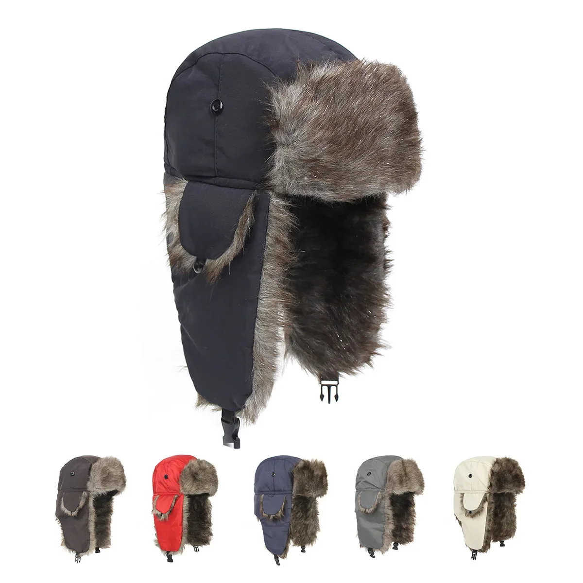 Men's Women's Winter Soviet Lei Feng Hats Outdoor Russian Ushanka Bomber Hat Thicken Windproof Fur Earflap Cap