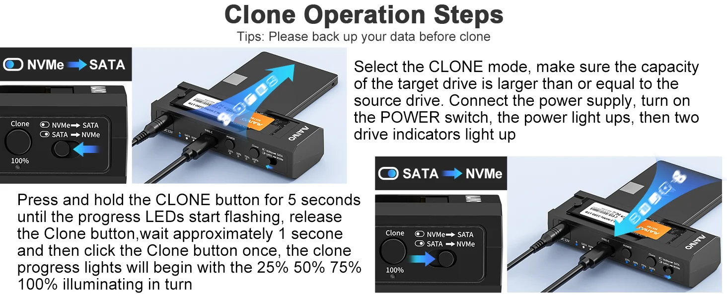 MAIWO 10 Gbit/s Typ-C Dual-Bay M.2 SSD Gehäuse NVMe SATA Dual Protocol M2 Gehäuse Dockingstation 2,5/3,5 Zoll mit Office Clone – Detail 2