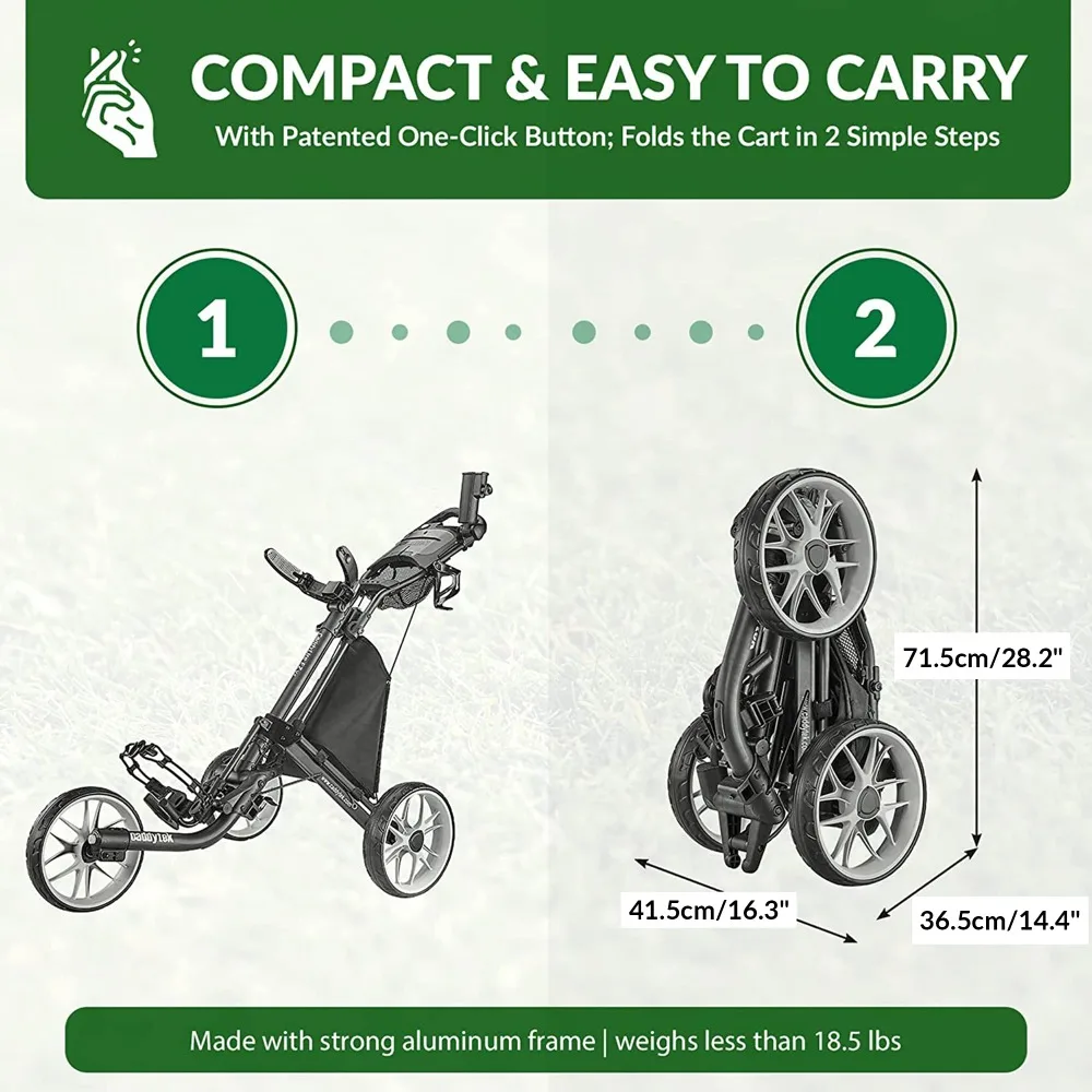 CaddyTek 3 Wheel Golf Push Cart - Foldable Collapsible Lightweight Pushcart with Foot Brake - Easy to Open & Close 3