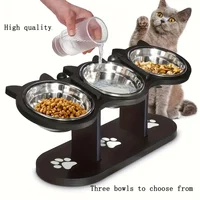 3-Tier Elevated Cat Bowl with Support Stands Wood & Stainless Steel Adjustable 15-Degree Angle Stand Slanted Pet Food Bowl 1