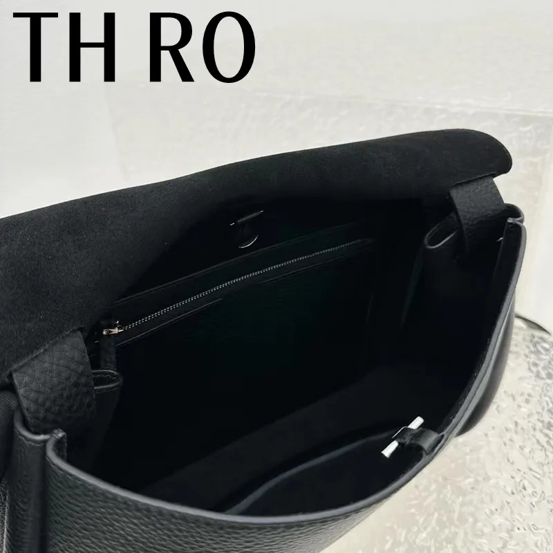 TH RO Women's 2024 Black Classic Diagonal Cross Magnetic Buckle Design Cowhide Postman Bag