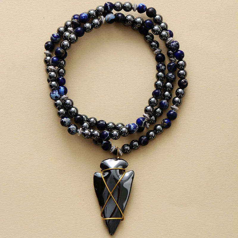 Steampunk Man Beads Necklaces Natural Stones Hematite Arrowhead Pendant Meditation Yoga Couples Lover Necklace