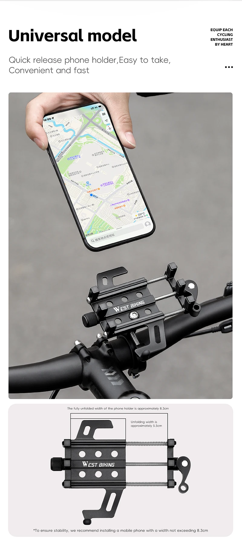 WEST BIKING Fahrrad-Handyhalterung aus Aluminiumlegierung mit Schnellverschluss, Anti-Rüttel-Handyständer mit Entriegelungsknopf, Langlebiger Handykäfig – Detail 10