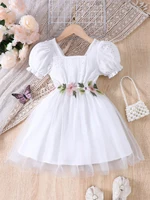 Robe en maille à manches courtes et col carré pour filles, avec broderie florale, idéale pour les fêtes et les cadeaux, pour les âges de 4 à 7 ans 1
