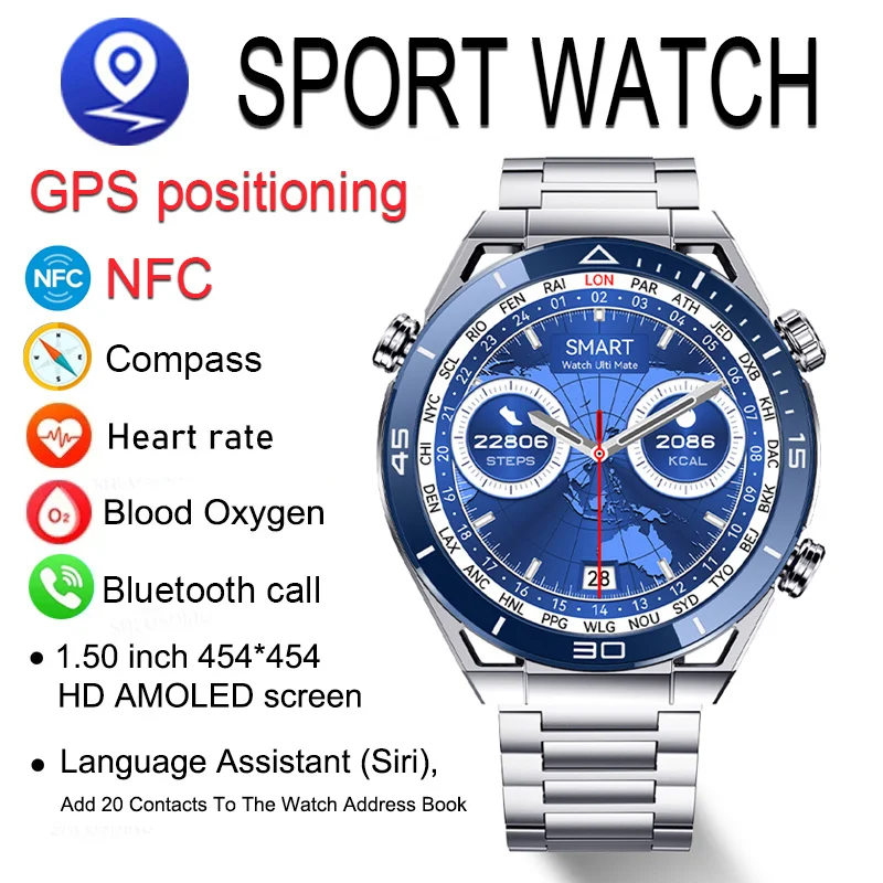 

2024 NFC Smart Watch Men BT Call Sport GPS Track Compass Watches 454*454 HD AMOLED Screen Heart Rate ECG Smartwatch For Android