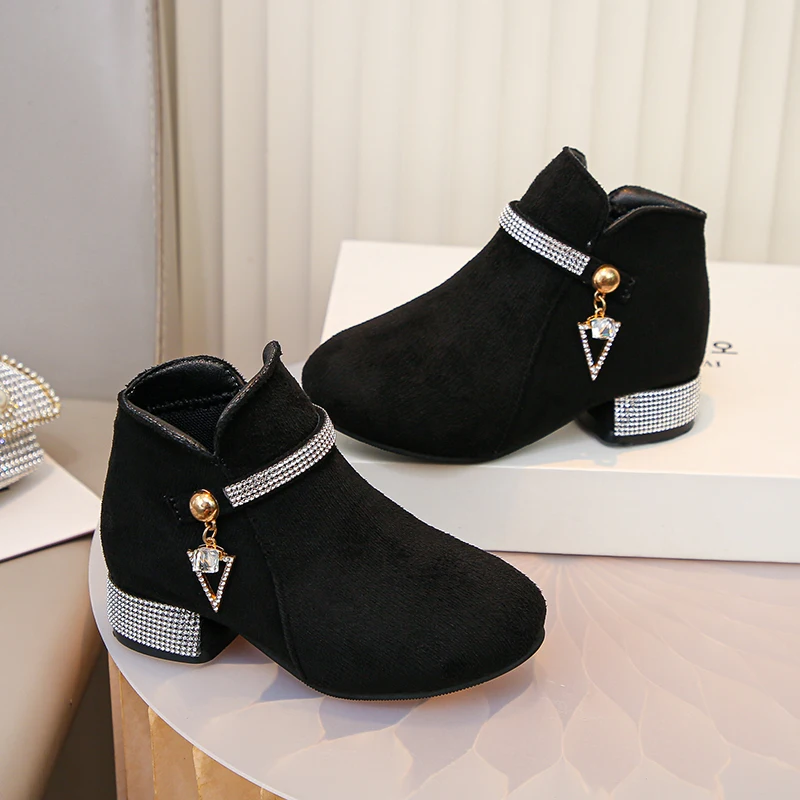 Black Velvet Ankle Boots with Rhinestone for Girls