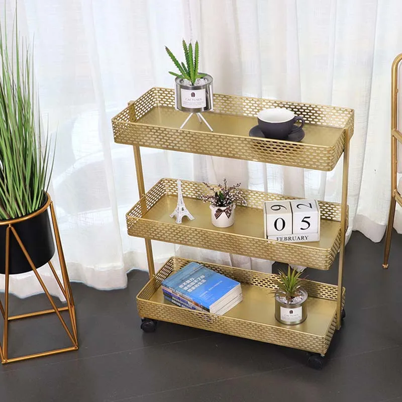 Golden Iron 3 Layers Storage Cart with Wheels Rack Storage Basket Shelf Household Kitchen Bathroom Bedroom Living Room