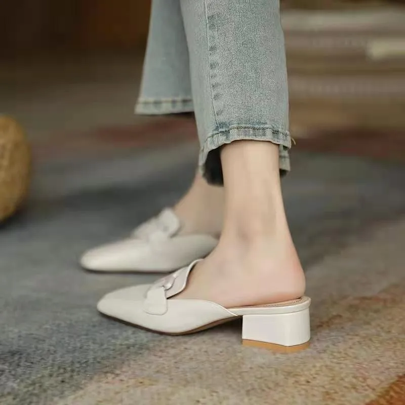 Women's Slippers Summer New Leather Low Heel Square Head Home Half Drag Casual Fashion Comfortable Height Sandals — view 2