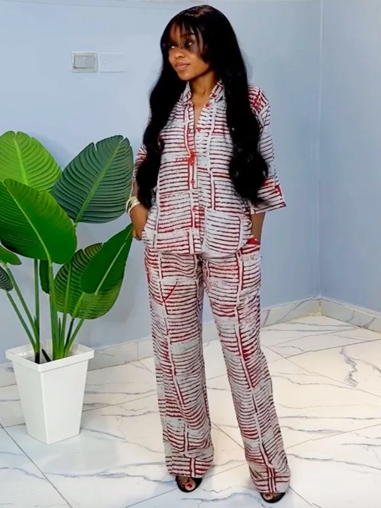 Wmstar Two Piece Set Women Wholesle Stock Clothing 2025 Summer New Printed Three Quarter Sleeve Shirt Loose Top Long Pants