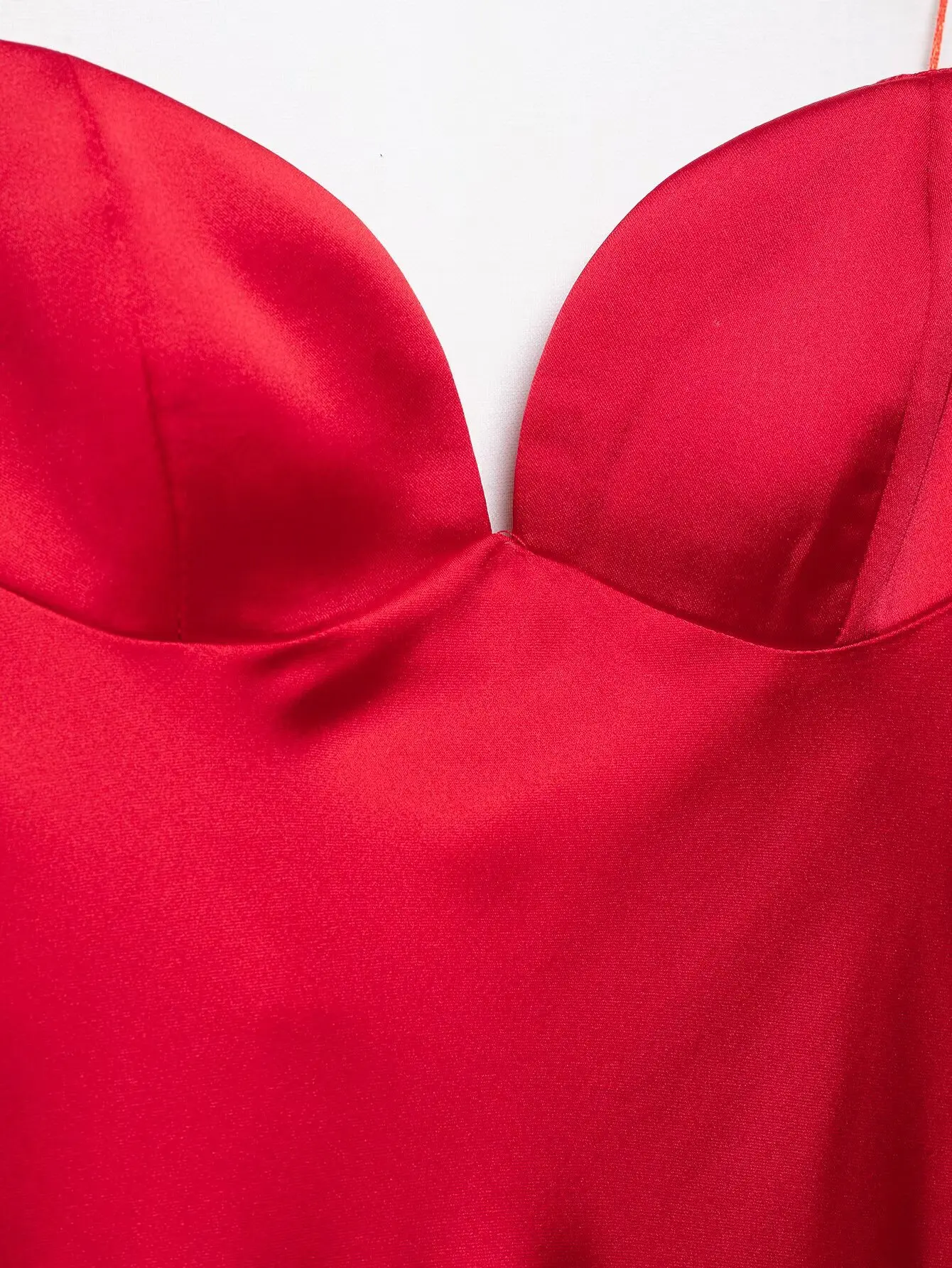KONDALA Sexy schickes rotes Satin-Damenkleid mit V-Ausschnitt, Cami, langes Partykleid, Damenmode, 2025, Sommerurlaub, Strand, Y2K-Mädchenkleid – Detail 6