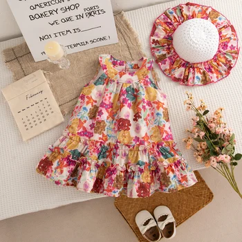 Korean Style Baby Girl Dress Retro Floral Print Sleeveless Dress Summer Hawaiian Beach Casual Dresses for Girls Sent Hat