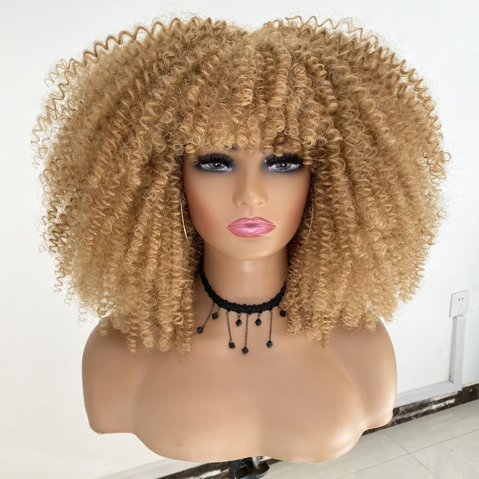 16‘’ Short Hair Afro Kinky Curly Wigs With Bangs For Black Women African Synthetic Ombre
