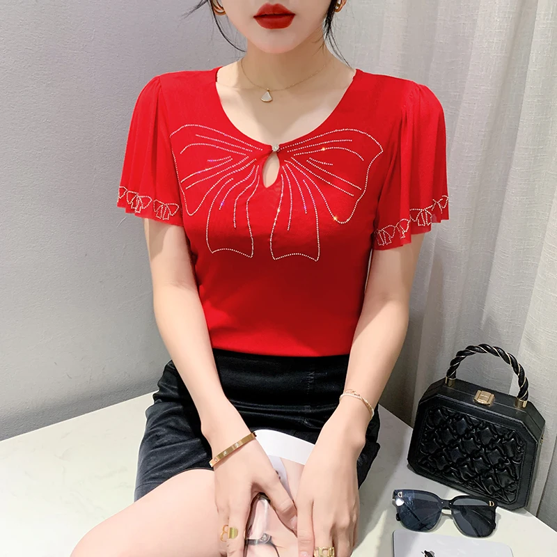 

2023 Summer Mesh Tops Fashion Round Neck Ruffle Diamond T shirt Hollow out Short Sleeve Women Shirt