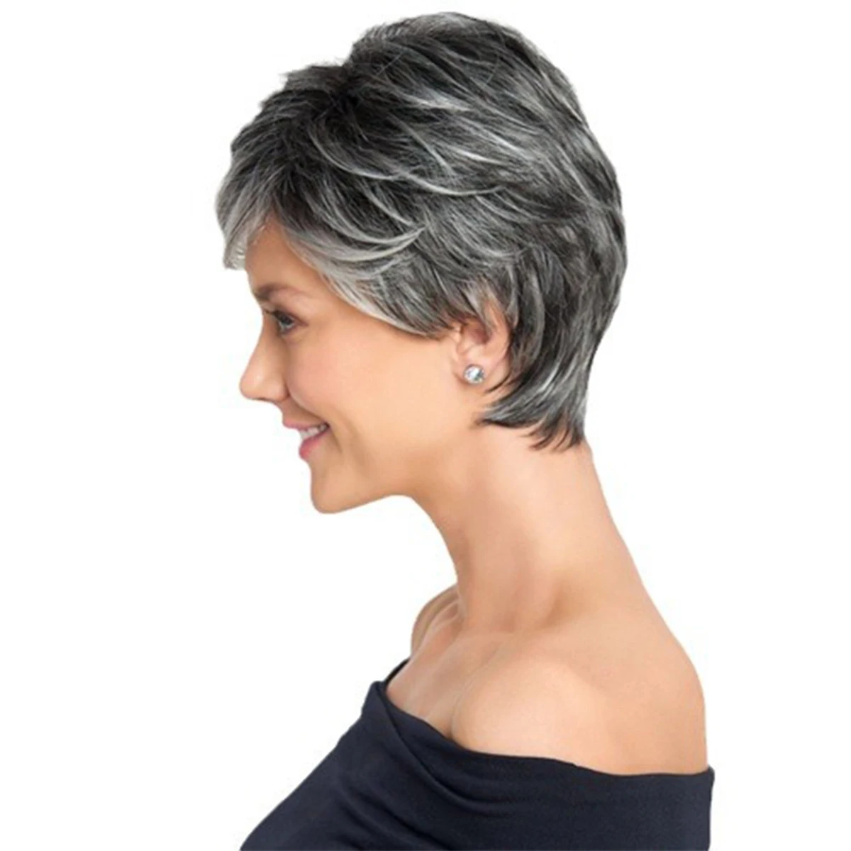 Gradient silver gray synthetic short hair mother headgear wig oblique bangs high-end hair set heat-resistant wig
