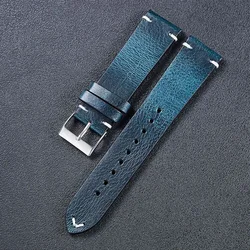 Premium Retro Oil Wax Leather Sport Watch Strap - Waterproof Quick Release Calfskin Wristband - 22mm (Blue)