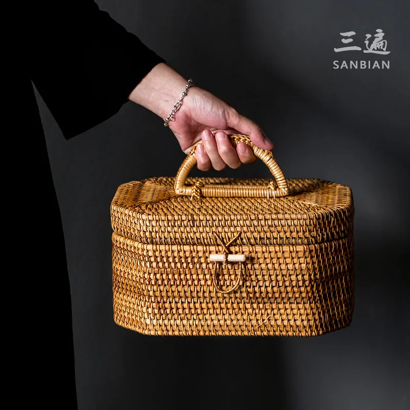 

Бамбуковый плетеный мешок в японском стиле, коробка для хранения из ротанга с подъемной ручкой, портативный контейнер для хранения, посуда для чайной церемонии, домашний чайный набор