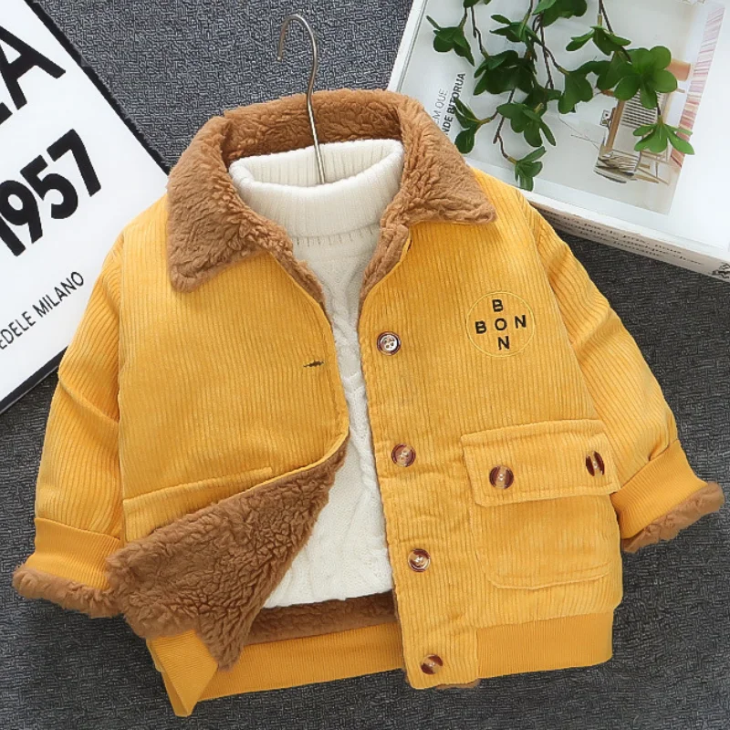 

Boys' Corduroy Coat New Fashion Casual Pocket Baby Thickened Jacket Winter Fur Warm Top Children's Cotton Coat