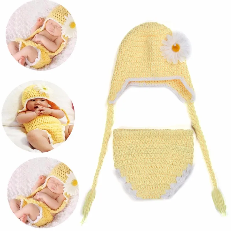 2Pcs/Set Newborn Photography Props Cute Baby Photo Flower Costume Infant Crochet Knit Outfit Toddler Boy Girl Accessories 2pcs pack baby headband flower sunglasses kids headwear baby girl hair accessories beach photography props toddler head bands