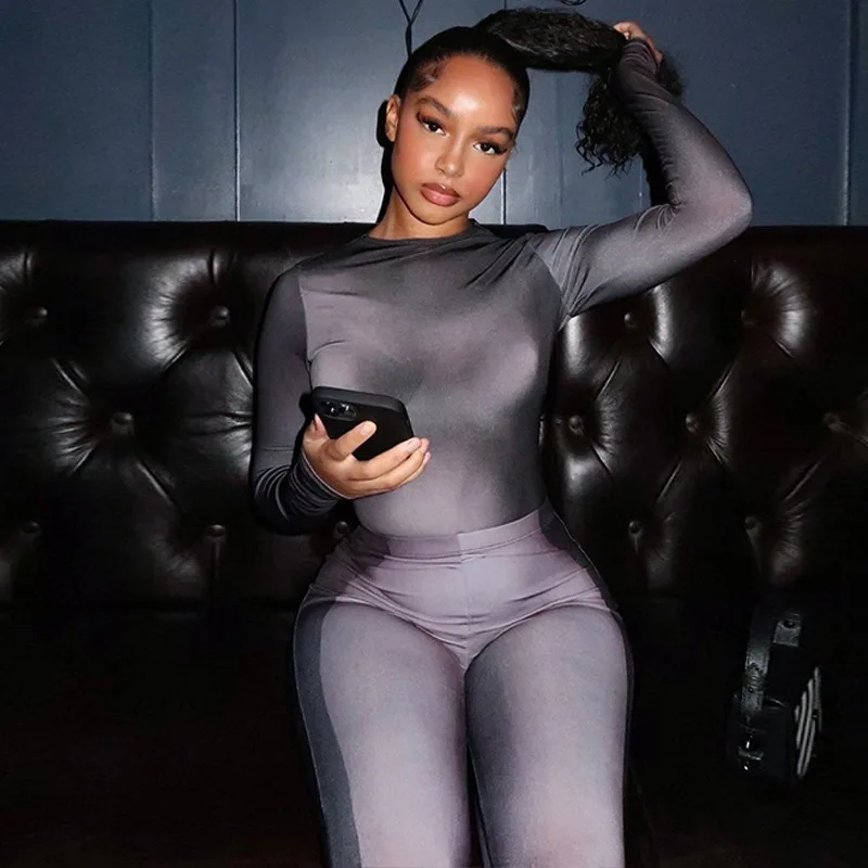 

2022 Autumn Women's Fashion Print Long-sleeved Jumpsuit Tight Trousers Set