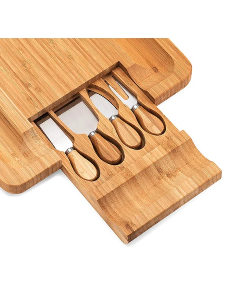 Bamboo Cheese Board New Square Wood Color Slide-Out Drawer Serving Platter For Cheese Fruit Vegetable Storage N