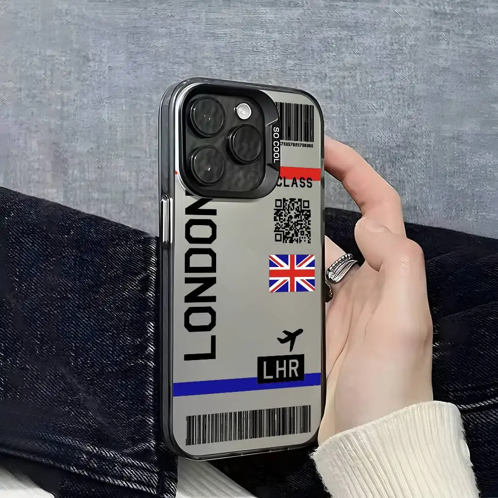 Großbritannien Flugzeug Reise Ticket Handyhülle für iPhone 16 15 14 13 12 11 Plus Pro Max mehrfarbige Aurora Laser stoßfeste Funda Cover