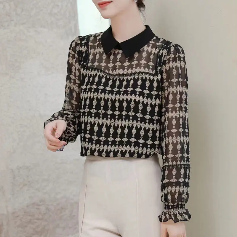 우아함 오피스 레이스 패치 워크 블라우스 여성 새로운 통기성 긴 소매 턴 다운 칼라 패션 모든 경기 쉬폰 셔츠 2022