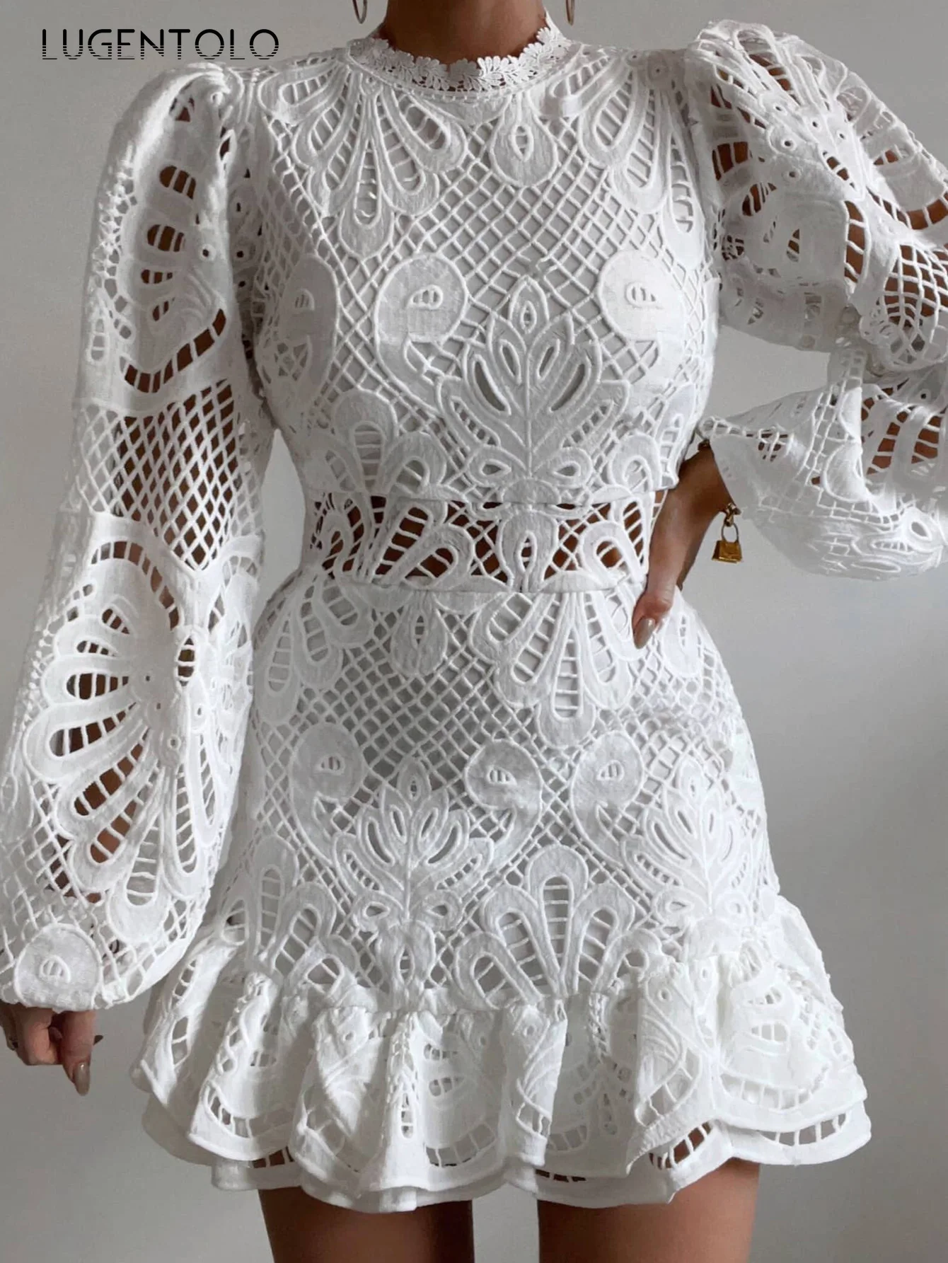 

Women Lace Sexy Dress Slim Hollow Long Sleeve O-neck Solid Soring Summer Lady Party Casual Empire Mini Dress