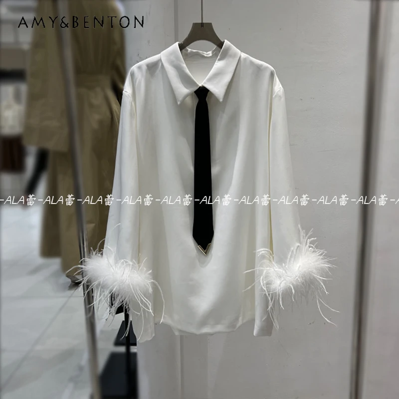 Early Spring 2024 New Blouse Fashionable Simple Cute Cool Temperament Ostrich Feather Detachable Double-Sided Pocket Shirt Dress double sided pei spring steel plate 257x257mm