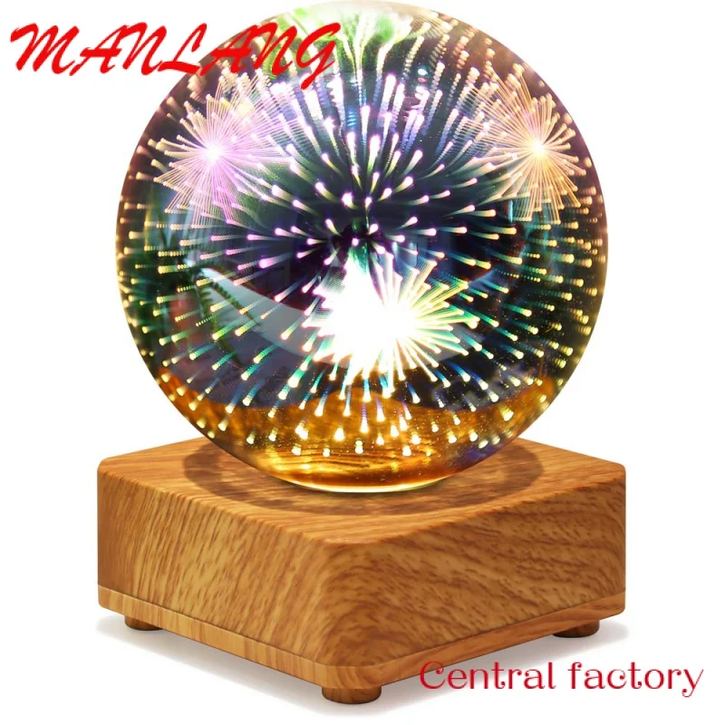 

Custom Famous Firework LED 3D Star light Crystal Glass Ball Night Light with Wood Base Decorative Lamp