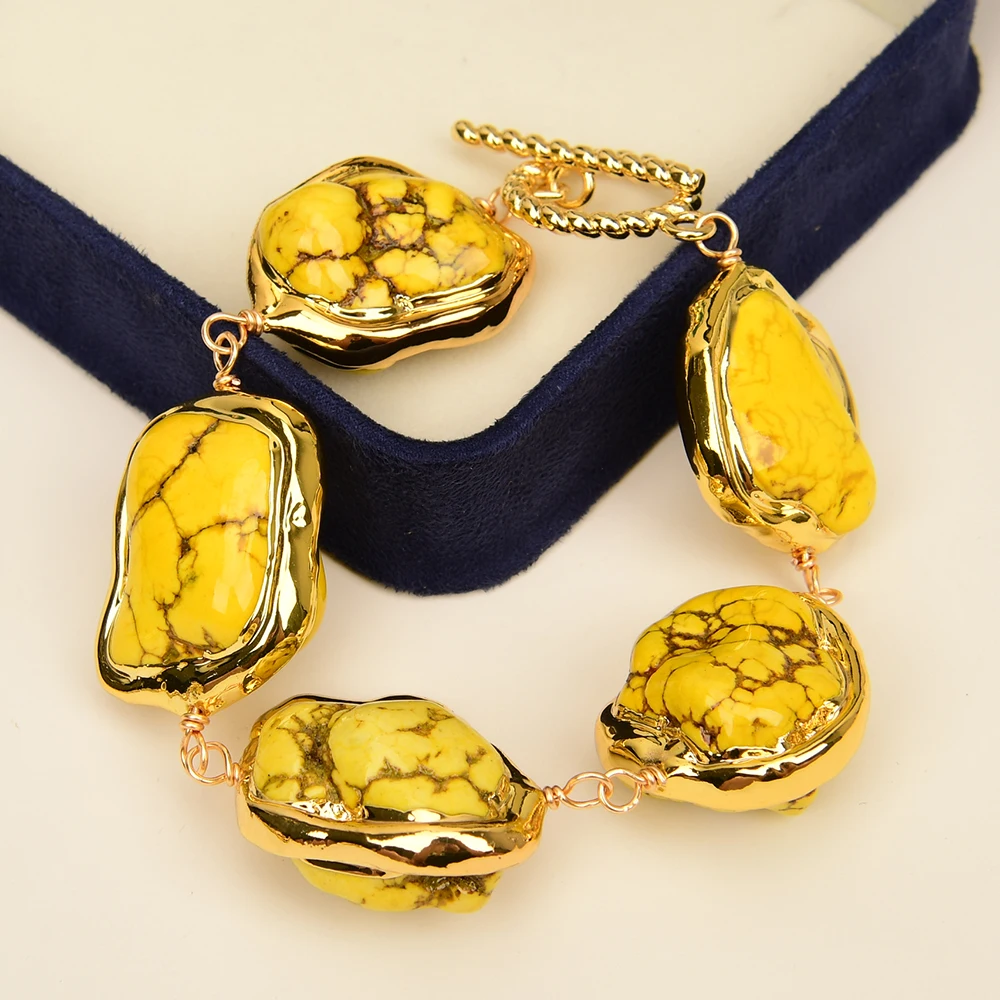 

GG Jewelry Gold Edge Yellow Turquoise Freeform Nugget Shape Beaded Electroplated Chain Bracelet For Women