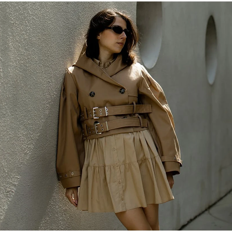 Doppel Gürtel Mit Kapuze frauen Jacke Chic Volle Hülse Taste Kurze Weibliche Jacken 2025, Herbst Mode Neue High Street dame Outwears – Detail 21