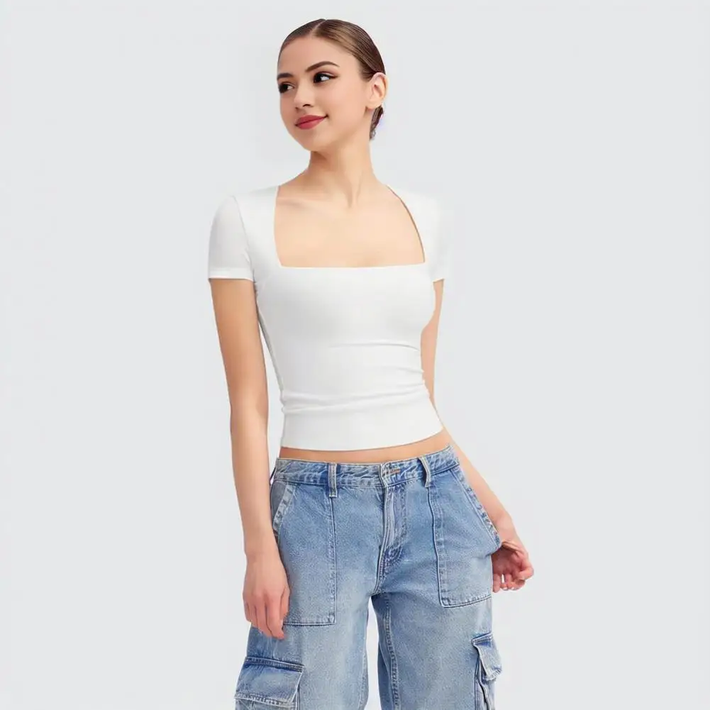 

Women Tee Shirt Square Collar Summer Blouse Short Sleeve Pullover Tops Slim Fit Solid Color T-shirt Streetwear camisetas