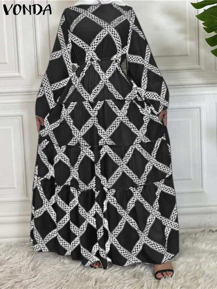 

Богемный сарафан VONDA 2023, женское Макси-Платье с принтом, с длинным рукавом и оборками, Осеннее повседневное винтажное свободное платье для отдыха, женское платье