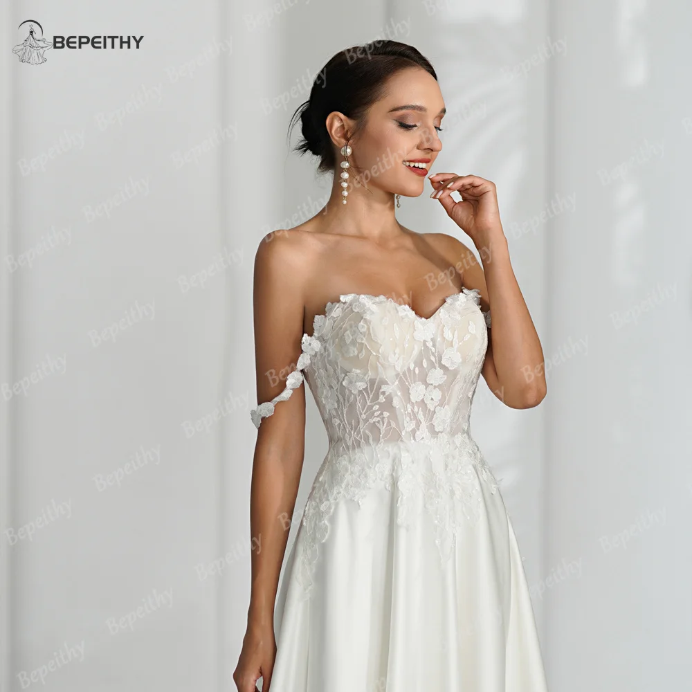 BEPEITHY Sweetheart Ivory A Line Wedding Dresses 2023 For Women Sleeveless Off Shoulder Boho Ivory Bride Satin Bridal Gown 2024