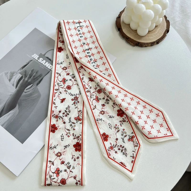 Fashion Floret Printed Hairband Silk Satin Bag Scarf For Women Skinny Long Wrist Ribbon Neck Scarves Hair Scarfs For Women 2