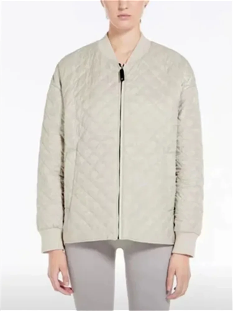 

Autumn 2023 New Women Rhombic Quilting Sold Color Jacket Ladies All-Match O-Neck Long Sleeve Zipper Fly Loose Coat