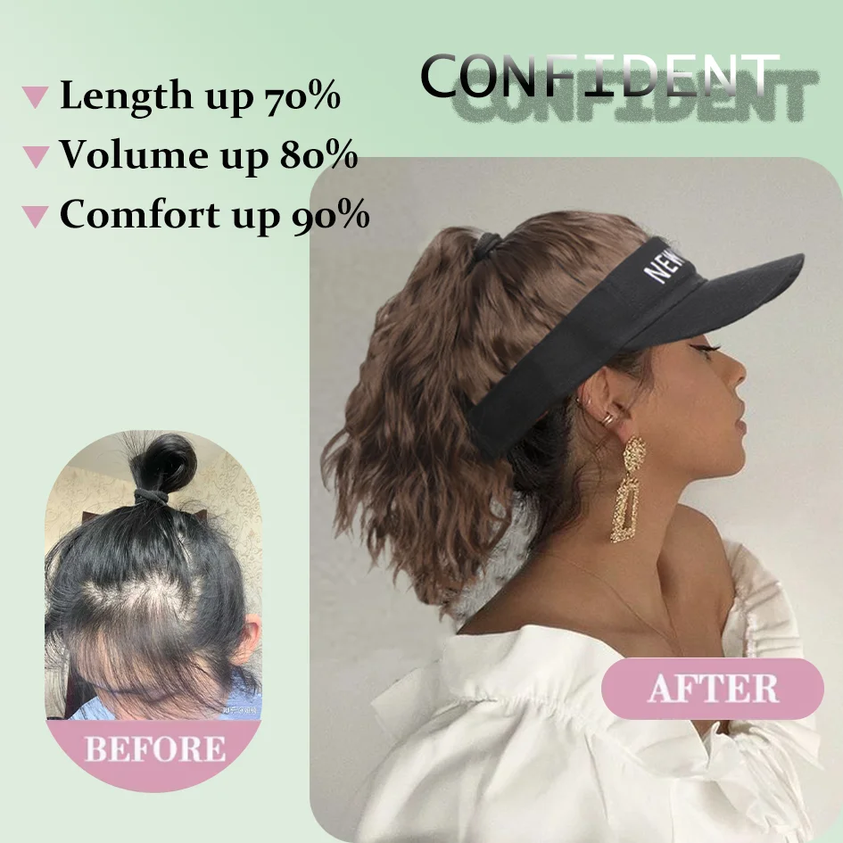 Synthetic 12inch Women's hat Water ripple wig hat with ponytail wig Hat with wig Lady's adjustable black baseball cap wig