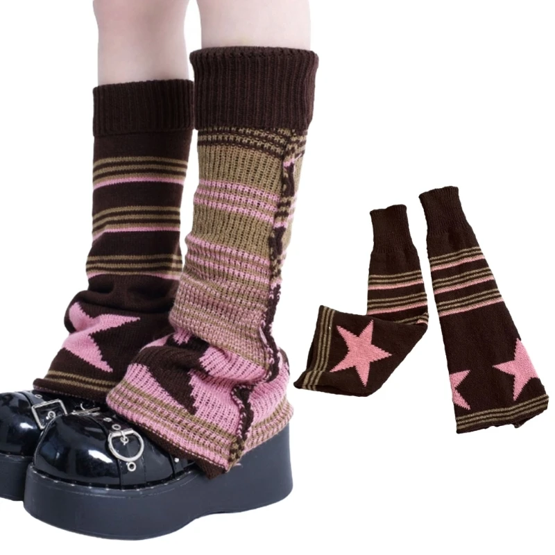 

Women Lolita Gothic Leg Warmers Striped Knitted Socks Y2K Girls Autumn Winter Crocheted Leg Cover Slouch Boot Cuff Sleeves
