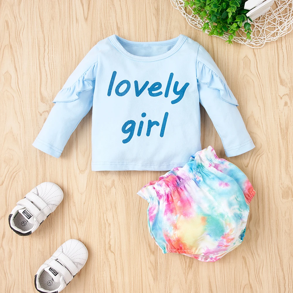 

Girls' Set Lace Long Sleeve Letter Top Triangle Shorts Tie Dyed Fashion New Travel Home Loose Fit