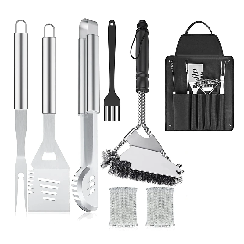

HOT SALE BBQ Accessories Grill Tool Utensils Set With Spatula Long Tongs Fork Cleaning Scraper Brush Silicone Brush Storage Apro