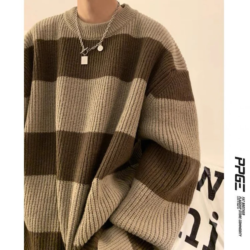 

Полосатые свитера для ленивых мужчин, вязаная одежда, осень и зима, новая верхняя одежда, модная брендовая высококачественная одежда из ниток, Мужской пуловер