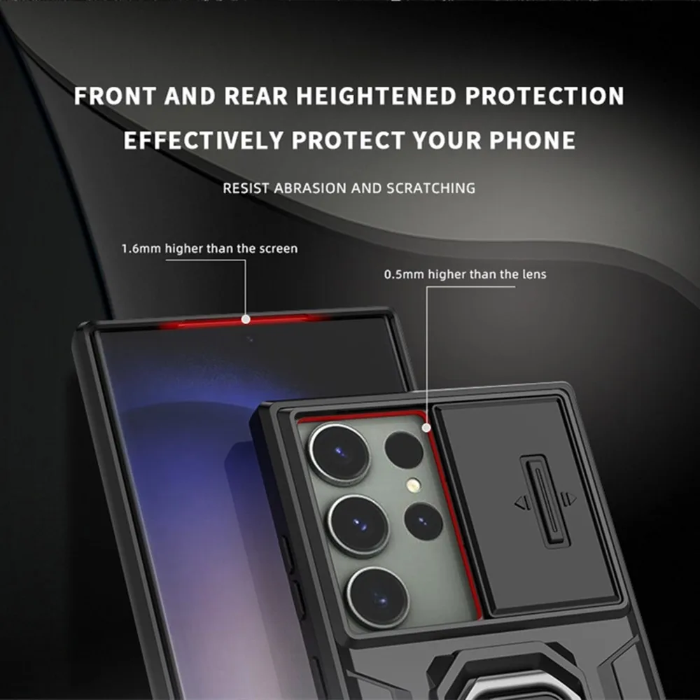 Case For Samsung S23 Ultra Plus A54 A34 A14 A24 4G 5G Slide Camera Ring Stand Armor Anti-fall Protection Kickstand_voghion.com
