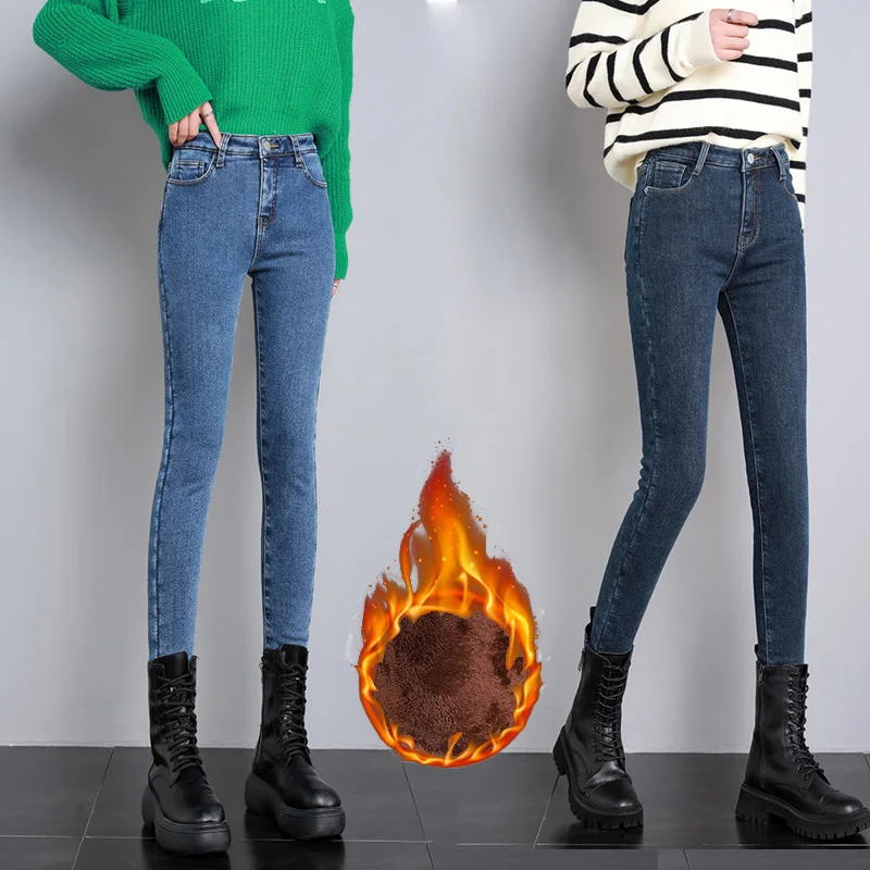 Women Thermal Jeans Winter Snow Warm Plush Stretch Jeans Lady Skinny Thicken Denim Pants Plus
