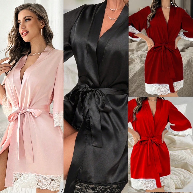 European and American Bridesmaid Nightgown Medium Sleeve Long Lace Pajamas Lace Casual Nightgown Home Bathrobe Women