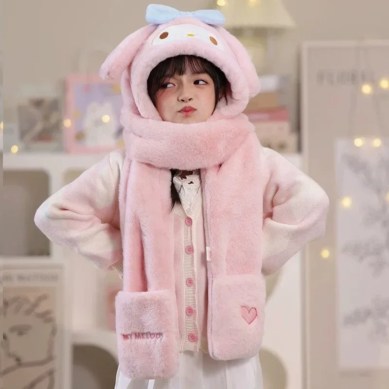 Children's Hat Scarf Integrated Winter Warm Boy and Girl Plush Cartoon Ear Protection Hat Gloves New Model