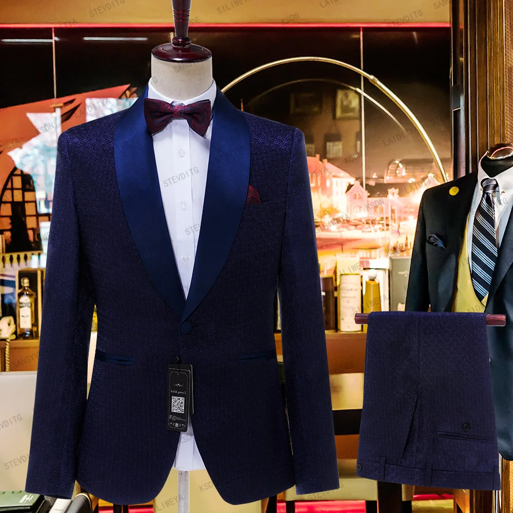 

SILIWEYA 2023 Blue Texture Men's Suits Peaked Lapel Blazer Business Regular Prom Tuxedos For Wedding 2 Pieces (Pants-Jacket)