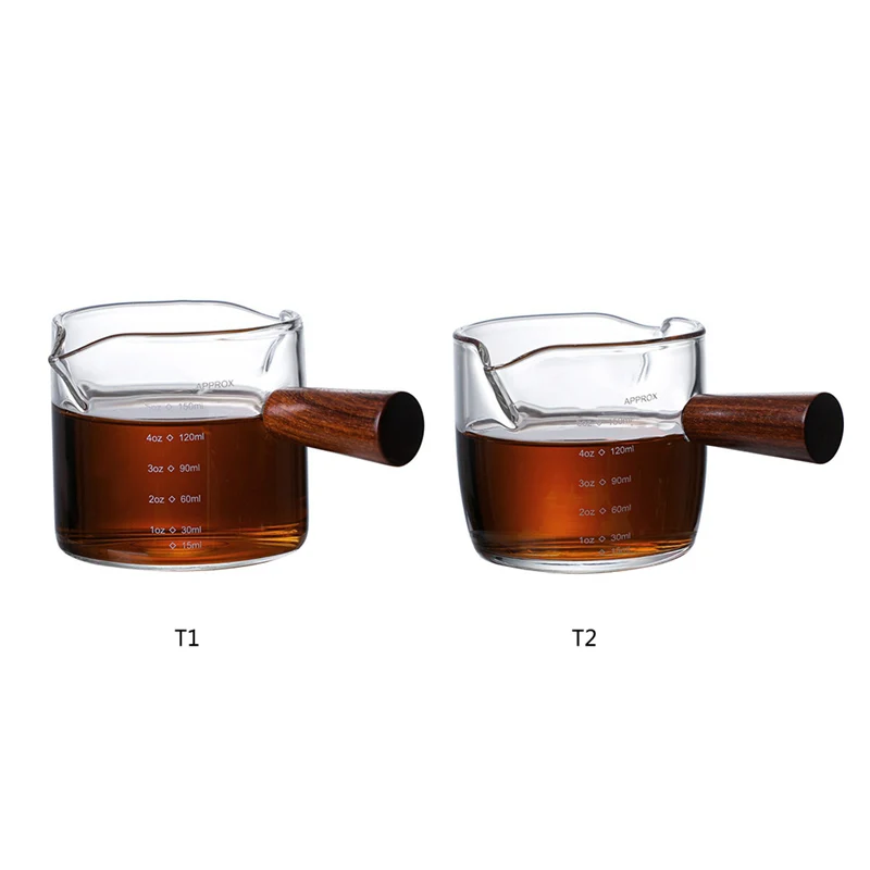 Description Picture 3 of itemWooden Handle Glass Espresso Measuring Cup Double/Single Mouth Milk Jug Coffee Supplies Heat-resisting Clear Kitchen Measure Mug