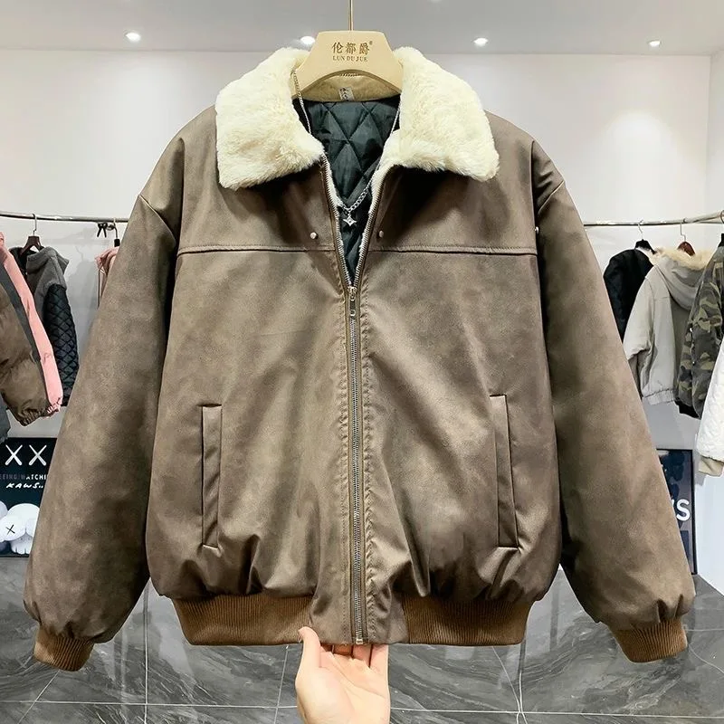 New Autumn and Winter Fashion Trend Thickened Warm Lambskin Workwear Jacket For Men's Casual Loose Sports Plus Size Jacket M-3XL