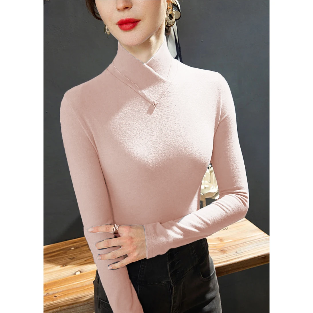 Sweet Elegance Spring Winter Fleecing Thick Velvet Basic Tops Half High Collar Shirt And Blouse Long Sleeve T-shirt for Women
